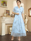 Hellblau 1940er Folienprägung Netz Patchwork Kleid