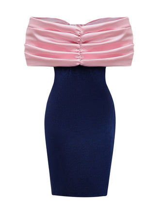 Rosa & Blau 1960er Großer Bogen Schulterfrei Samt Kleid