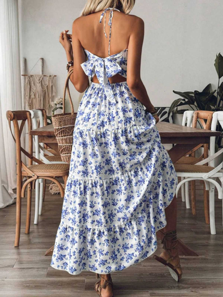 Blau 1930er Blumen Zurückbinden Gestuftes Maxi Kleid