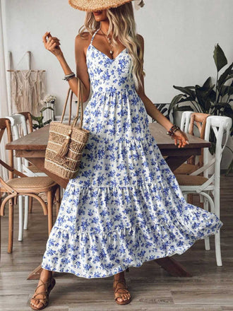 Blau 1930er Blumen Zurückbinden Gestuftes Maxi Kleid