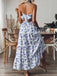 Blau 1930er Blumen Zurückbinden Gestuftes Maxi Kleid