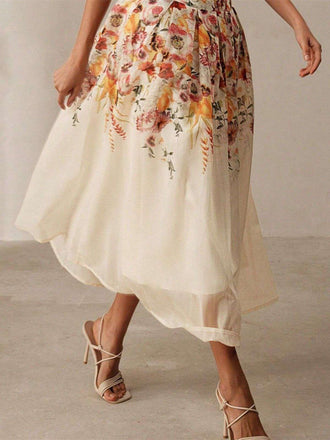 Beige 1940er Blumen Netz Patchwork Rock