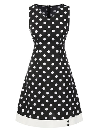 Schwarz 1960er Polka Dots V-Ausschnitt Kleid