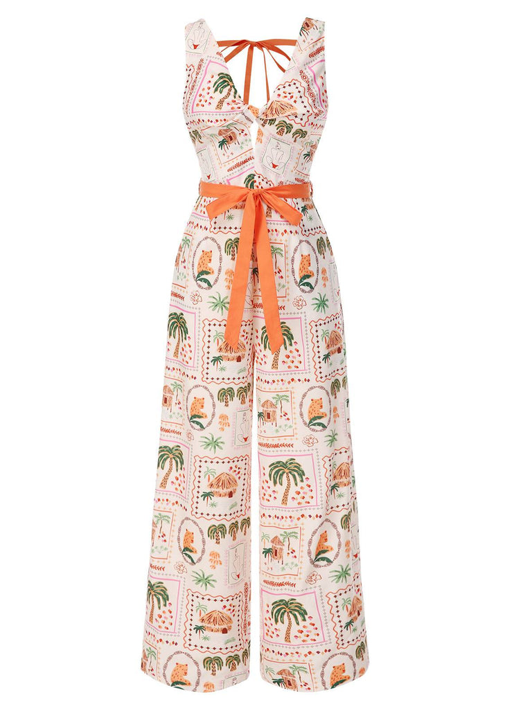 [Vorverkauf] Orange 1950er Strand Briefmarken Verdreht Jumpsuit