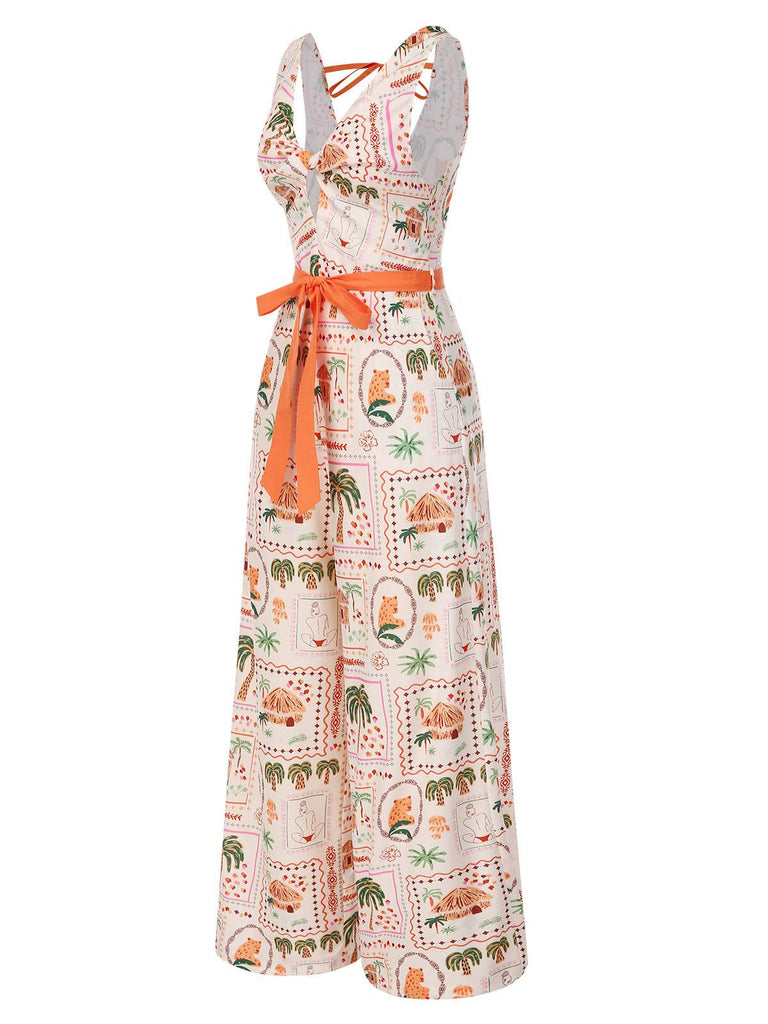 [Vorverkauf] Orange 1950er Strand Briefmarken Verdreht Jumpsuit