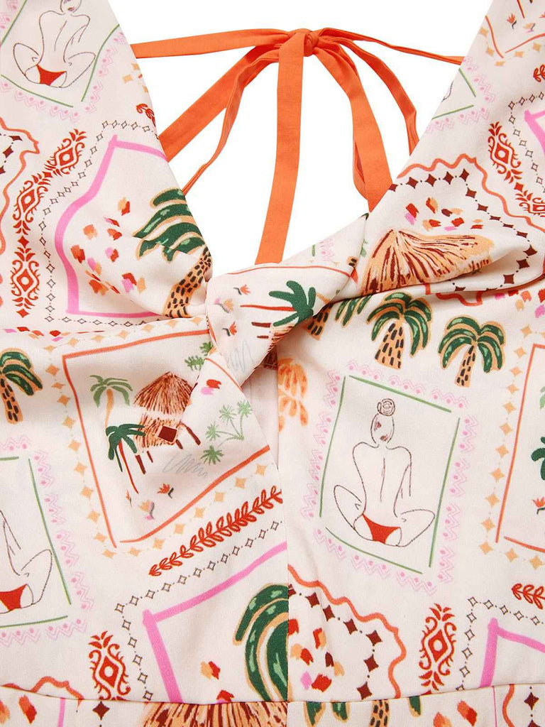 [Vorverkauf] Orange 1950er Strand Briefmarken Verdreht Jumpsuit