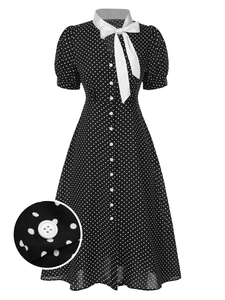 Schwarz 1940er Tupfen Krawattenhals Kleid