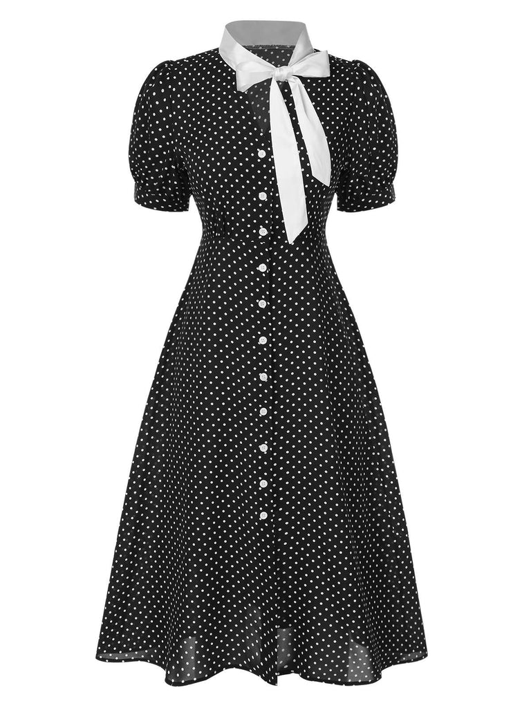 Schwarz 1940er Tupfen Krawattenhals Kleid