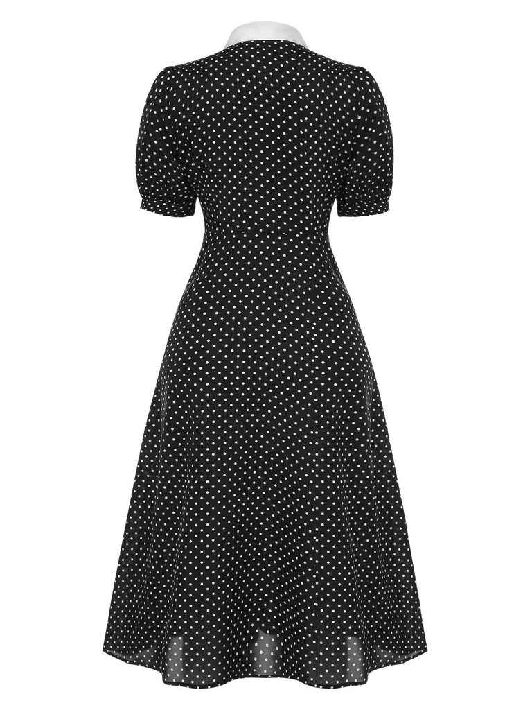 Schwarz 1940er Tupfen Krawattenhals Kleid