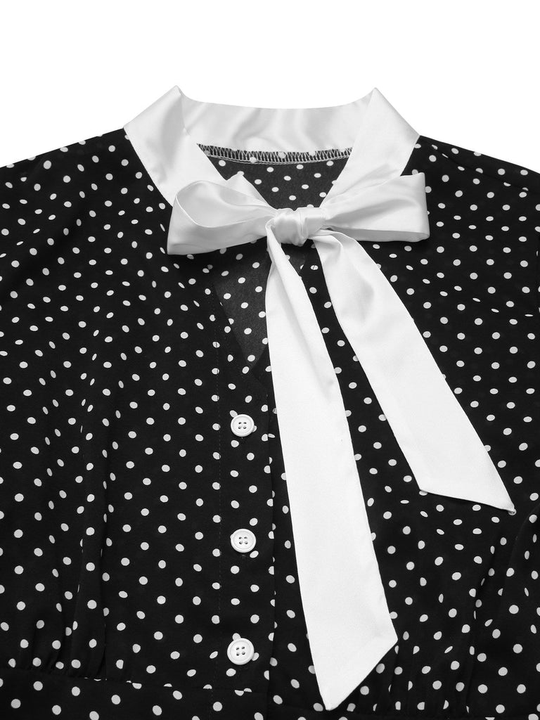 Schwarz 1940er Tupfen Krawattenhals Kleid