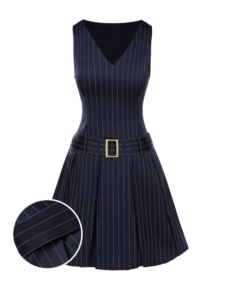 1960er Niedriger Taille Plissiertes Streifen Gürtel Kleid