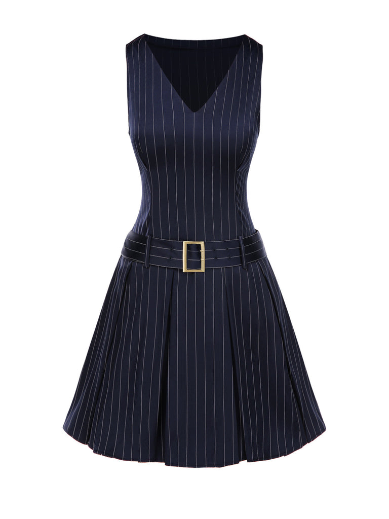 1960er Niedriger Taille Plissiertes Streifen Gürtel Kleid