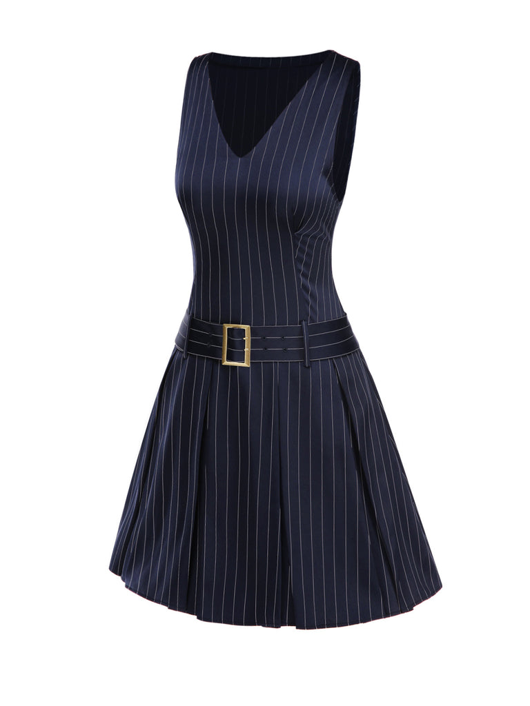 1960er Niedriger Taille Plissiertes Streifen Gürtel Kleid