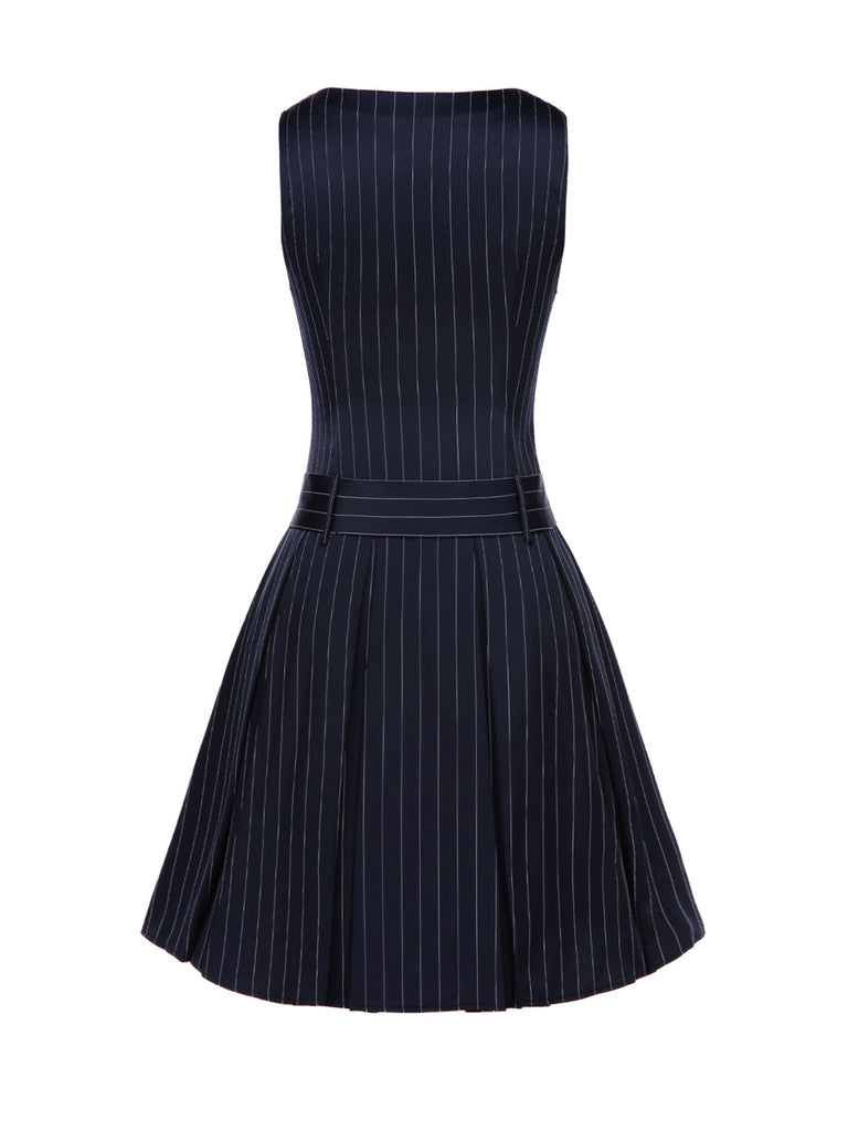 1960er Niedriger Taille Plissiertes Streifen Gürtel Kleid