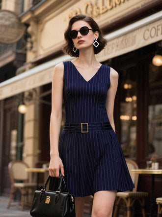 1960er Niedriger Taille Plissiertes Streifen Gürtel Kleid