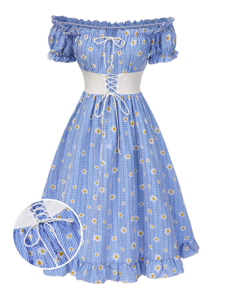 [Vorverkauf] Blau 1950er Schulterfrei Plaids Gänseblümchen Schnürung Kleid