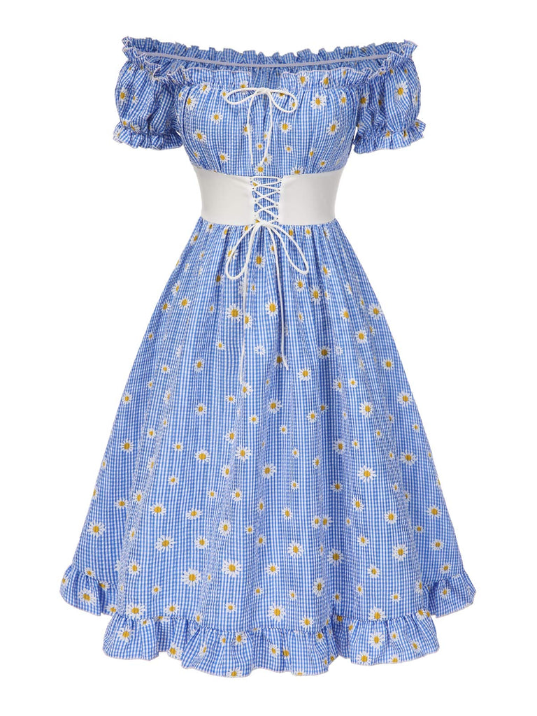 [Vorverkauf] Blau 1950er Schulterfrei Plaids Gänseblümchen Schnürung Kleid