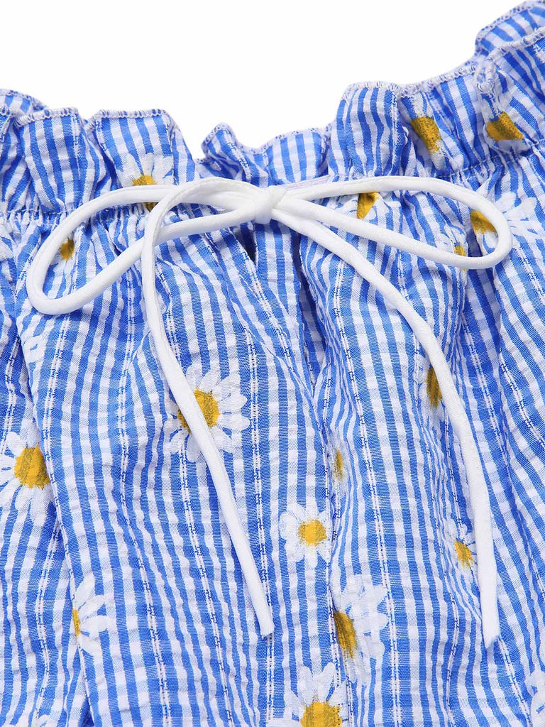 [Vorverkauf] Blau 1950er Schulterfrei Plaids Gänseblümchen Schnürung Kleid
