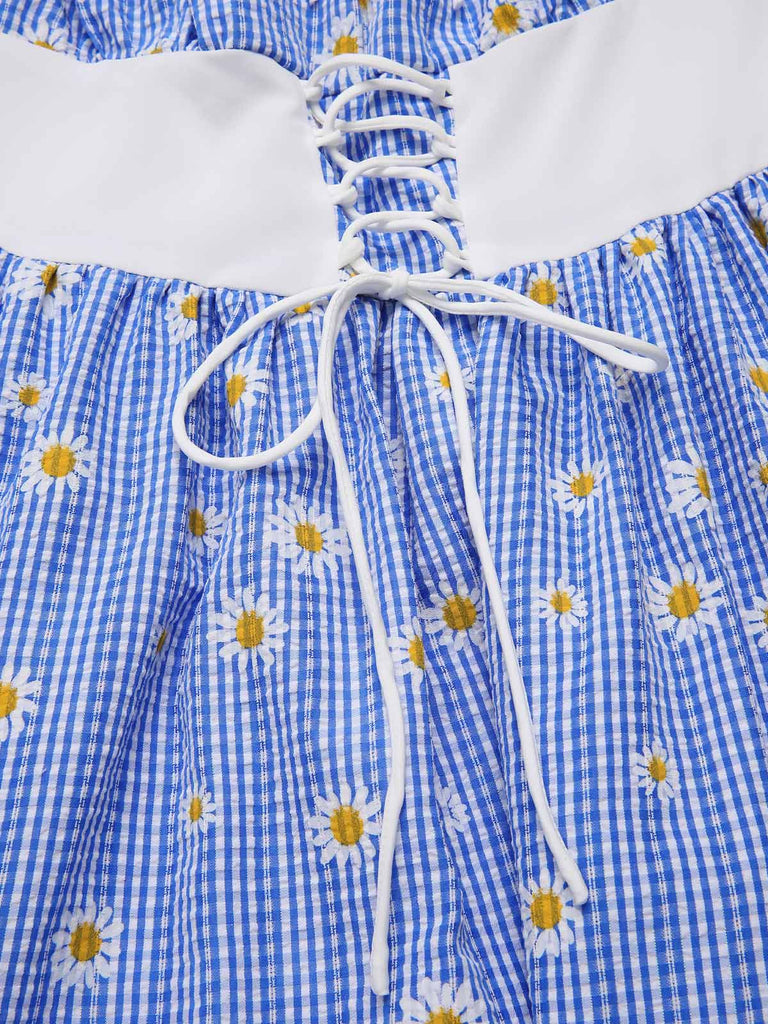 [Vorverkauf] Blau 1950er Schulterfrei Plaids Gänseblümchen Schnürung Kleid