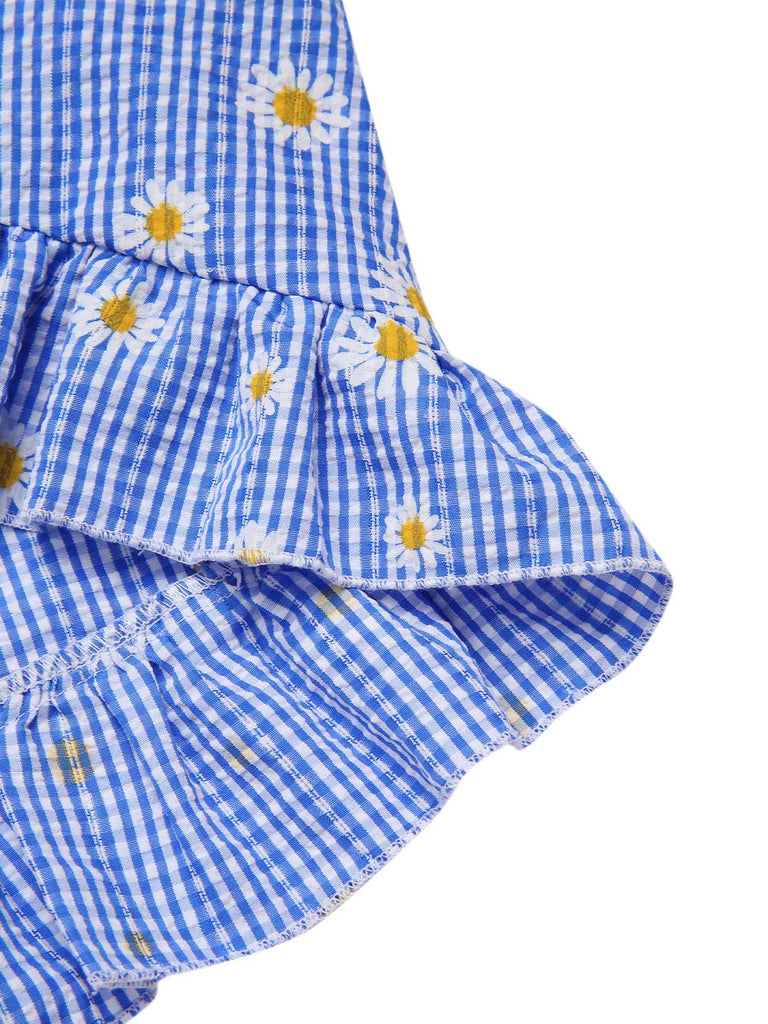[Vorverkauf] Blau 1950er Schulterfrei Plaids Gänseblümchen Schnürung Kleid