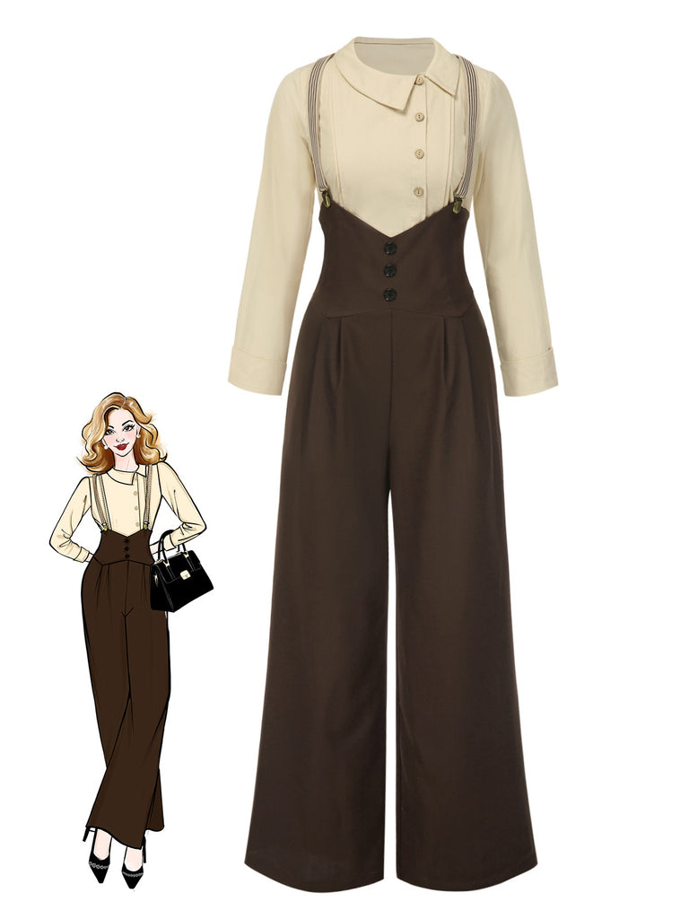 2PCS 1930er Baumwolle Solide Bluse & Latzhose