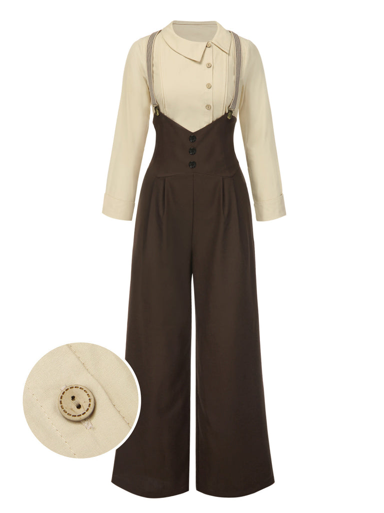 2PCS 1930er Baumwolle Solide Bluse & Latzhose
