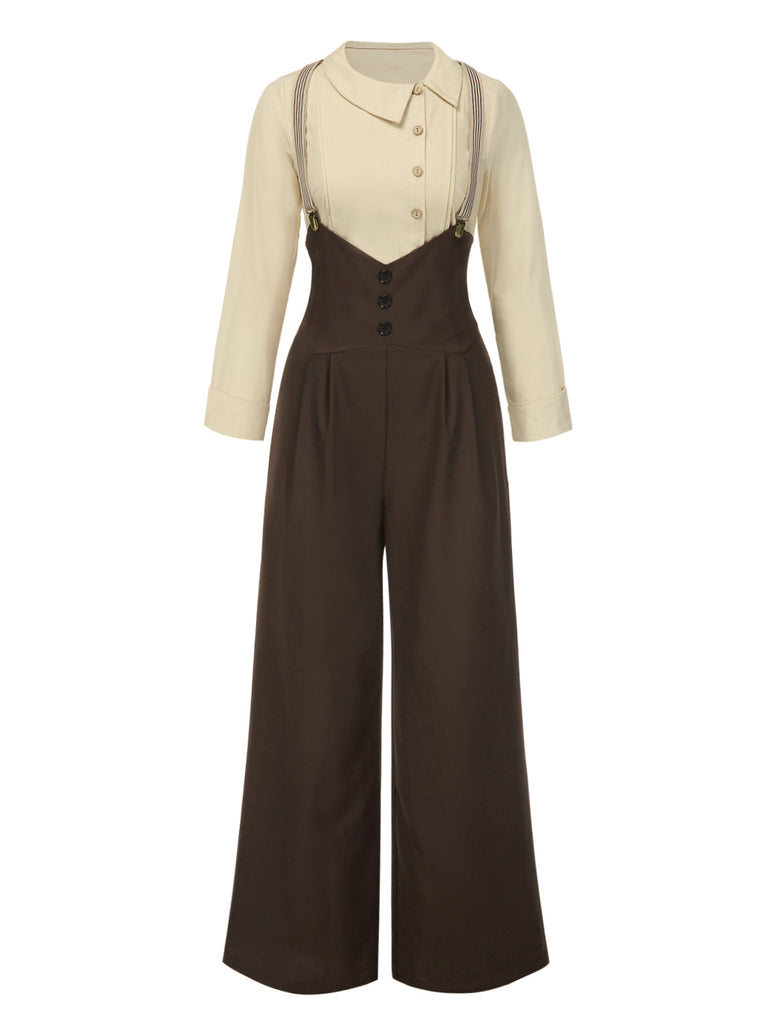 2PCS 1930er Baumwolle Solide Bluse & Latzhose