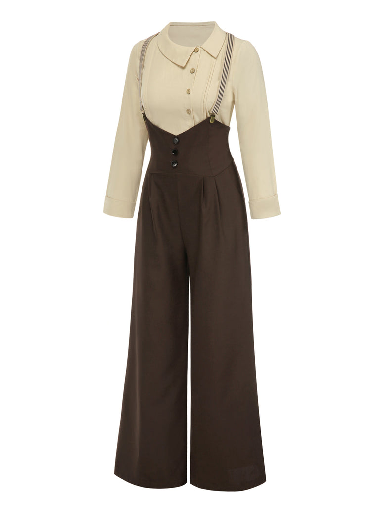 2PCS 1930er Baumwolle Solide Bluse & Latzhose