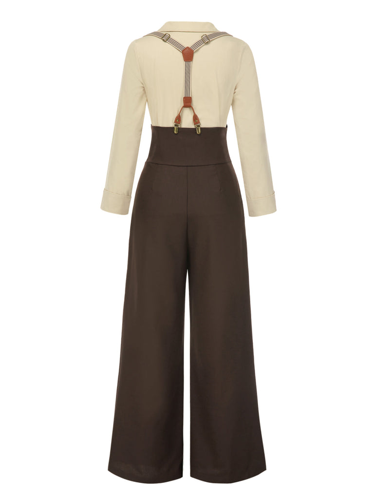 2PCS 1930er Baumwolle Solide Bluse & Latzhose