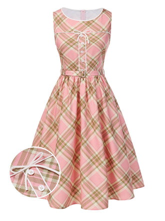 [Vorverkauf] Rosa 1950er Gingham Plaid Ärmellos Gürtel Kleid