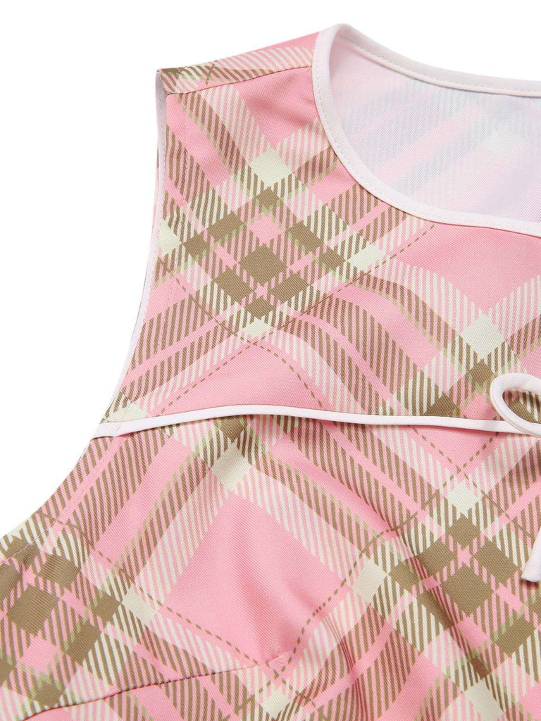 [Vorverkauf] Rosa 1950er Gingham Plaid Ärmellos Gürtel Kleid