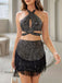2PCS Schwarz 1960er Pailletten Rand Halter Hohl Top & Rock