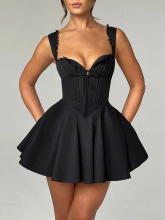 1960er Solide Spitze Träger Schnürung Skater Kleid