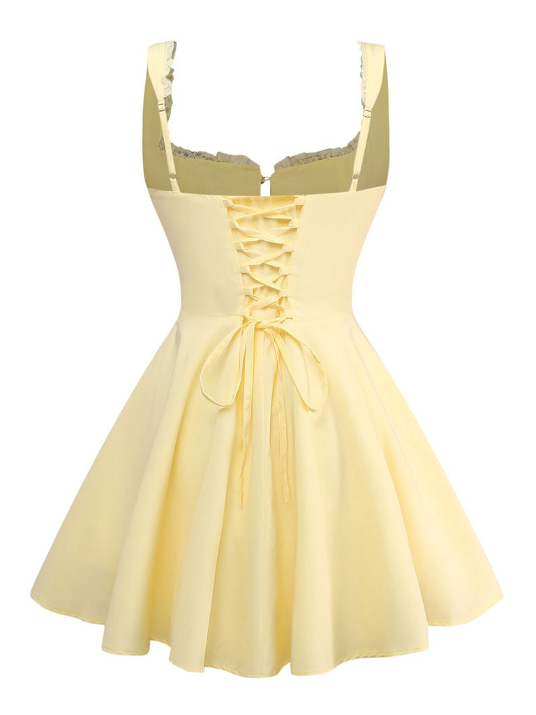 1960er Solide Spitze Träger Schnürung Skater Kleid