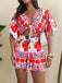 2PCS Rot 1970er Boho Blumen Brustkrawatte Top & Shorts