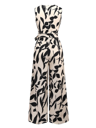 Beige 1930er Chorhemd Blätter Silhouette Jumpsuit