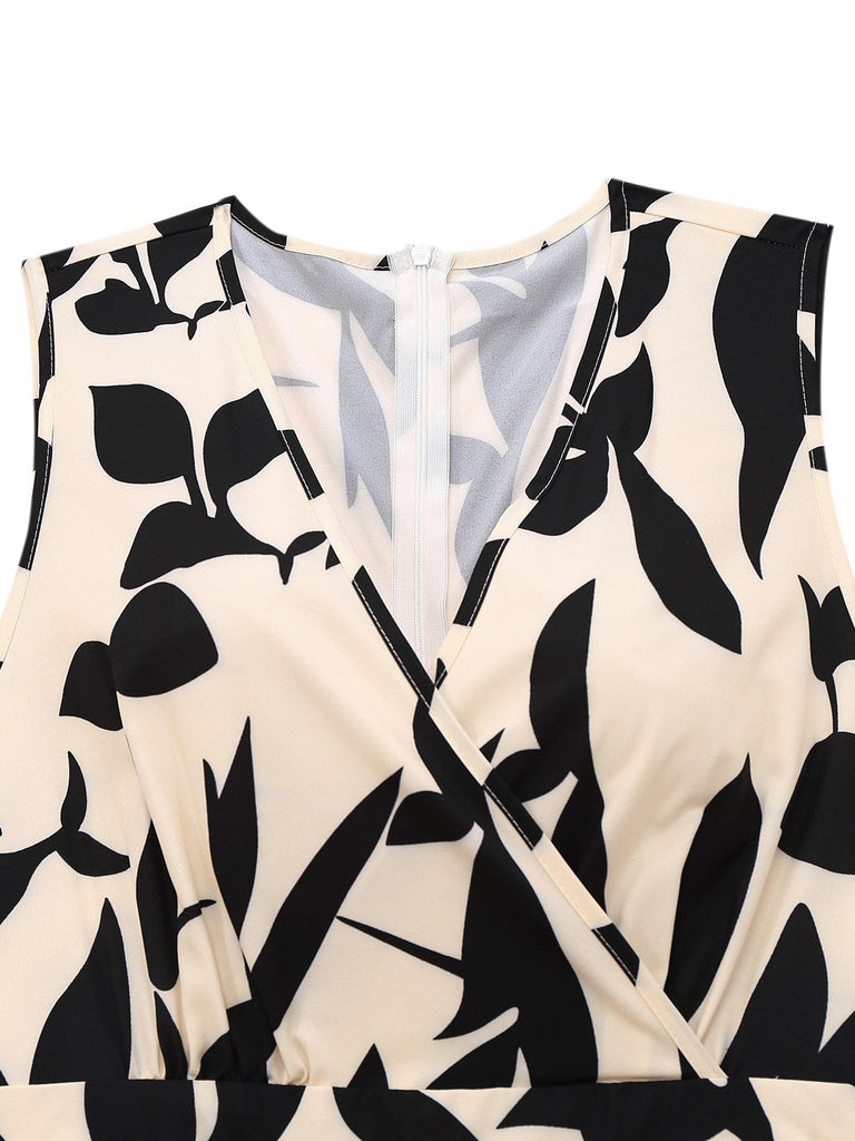 Beige 1930er Chorhemd Blätter Silhouette Jumpsuit