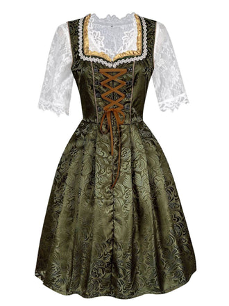 3PCS Grün 1950er Oktoberfest Dirndl Spitze Top & Jacquard Schleife Kleid