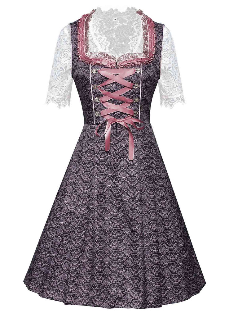 3PCS Rosa 1950er Oktoberfest Dirndl Spitze Top & Stickerei Schleife Kleid