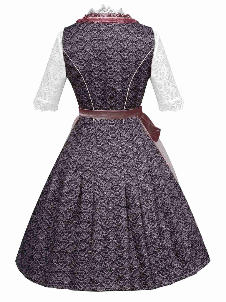 3PCS Rosa 1950er Oktoberfest Dirndl Spitze Top & Stickerei Schleife Kleid