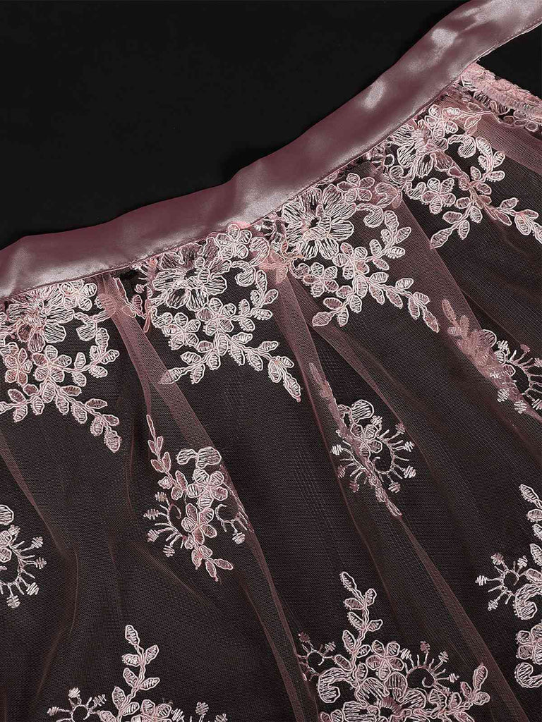 3PCS Rosa 1950er Oktoberfest Dirndl Spitze Top & Stickerei Schleife Kleid