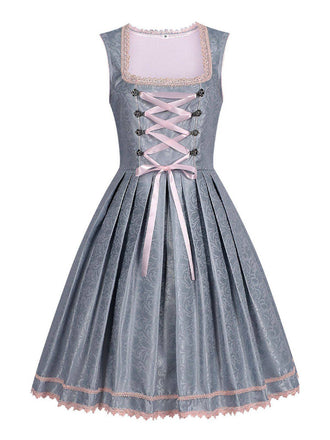 2PCS Blaugrau 1950er Oktoberfest Dirndl Blumen Kleid & Stickerei Schürze