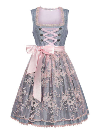 2PCS Blaugrau 1950er Oktoberfest Dirndl Blumen Kleid & Stickerei Schürze