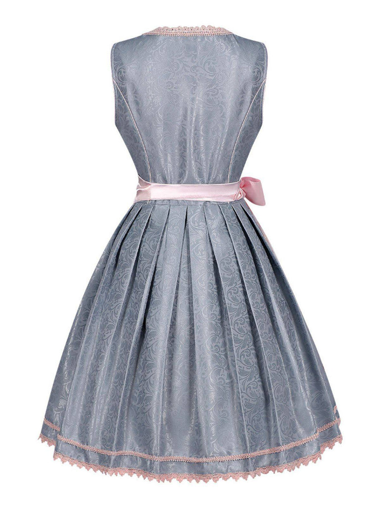 2PCS Blaugrau 1950er Oktoberfest Dirndl Blumen Kleid & Stickerei Schürze