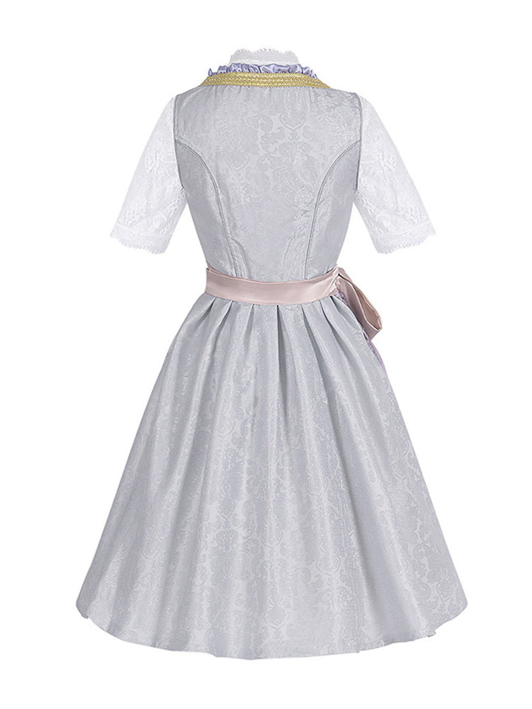 3PCS Hellgrau 1950er Oktoberfest Dirndl Blumen Spitze Top & Schnürung Kleid