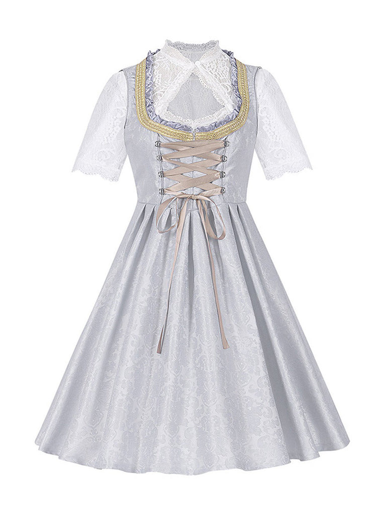 3PCS Hellgrau 1950er Oktoberfest Dirndl Blumen Spitze Top & Schnürung Kleid