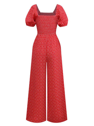 1950er Kleine Blumen Quadratischer Hals Puffärmel Jumpsuit