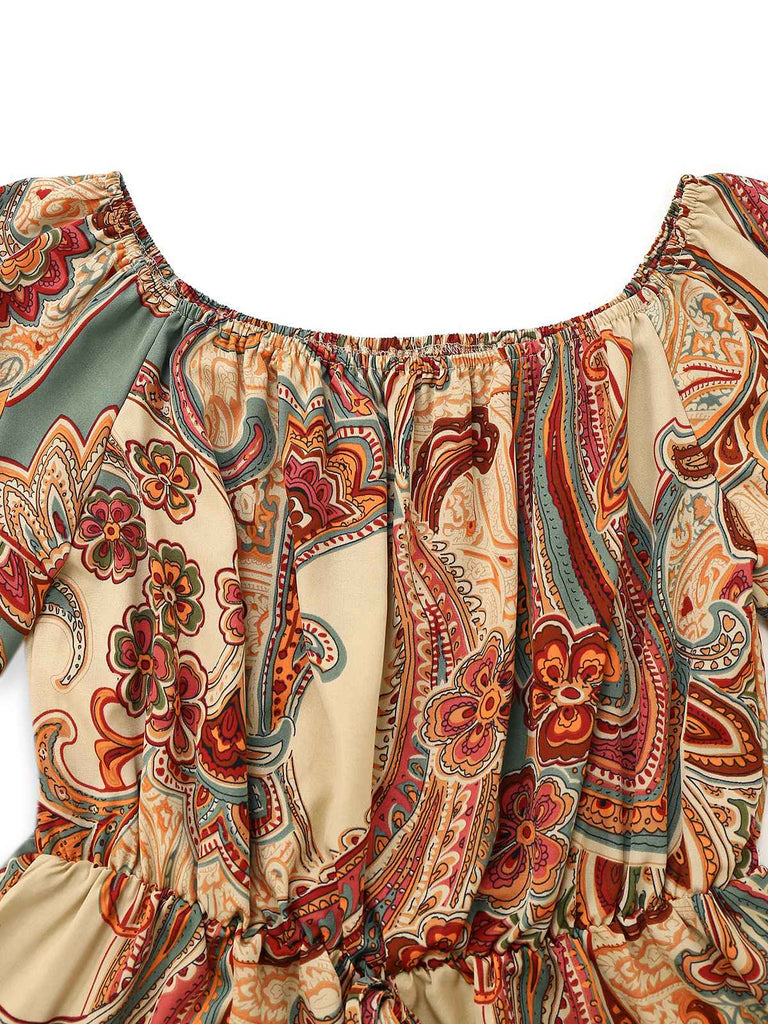 Mehrfarbig 1970er Bohemien Schulterfrei Romper