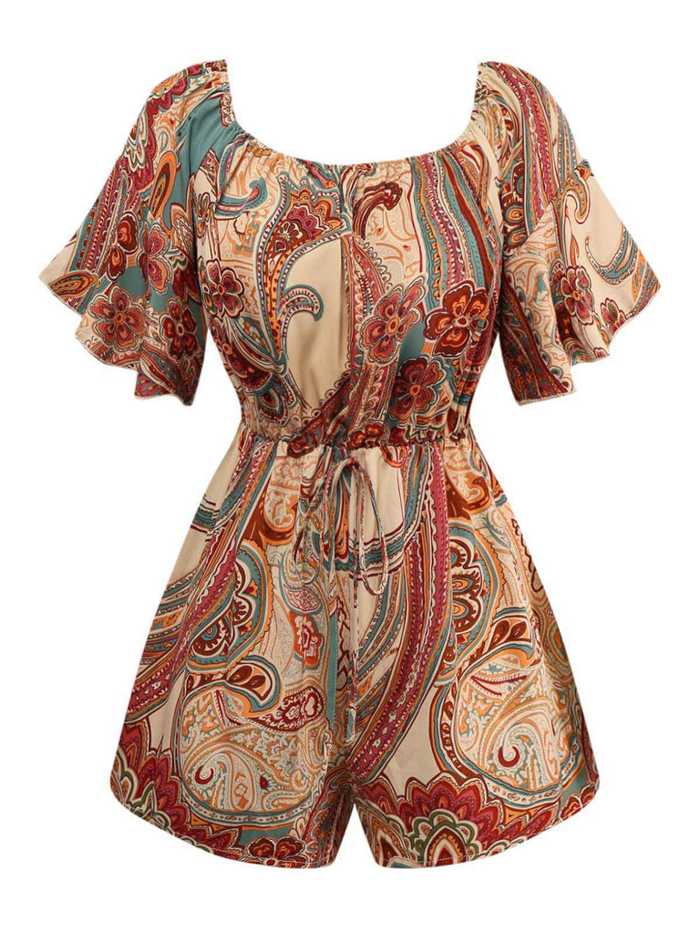 Mehrfarbig 1970er Bohemien Schulterfrei Romper