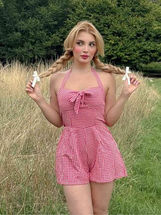 1950er Halter Gingham Plaids Bogen Romper